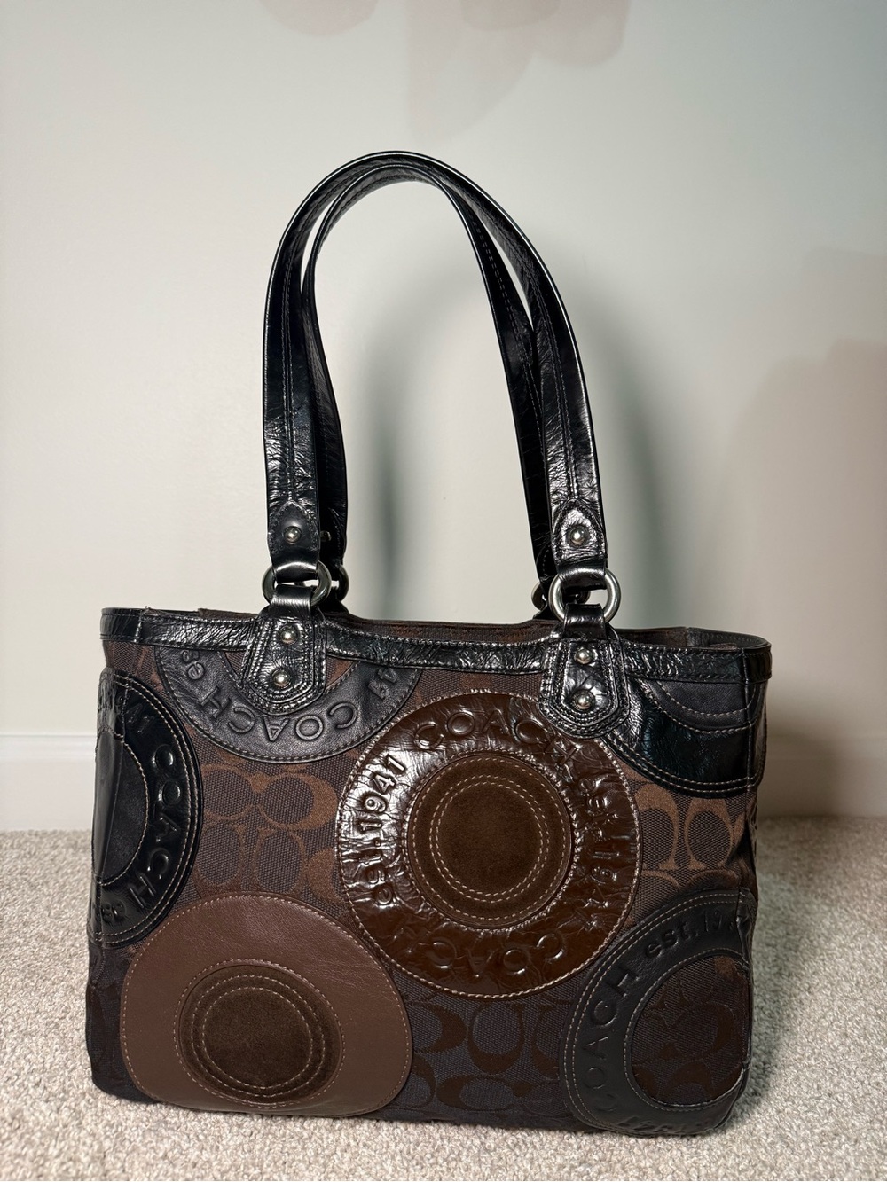 Coach F15466 Brown and Black Patchwork Shoulder Tote